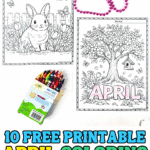 10 free printable April coloring pages for kids with spring themes including bunny, blooming tree, rain boots, Earth Day, pollinators, and detailed seasonal designs for upper elementary students.