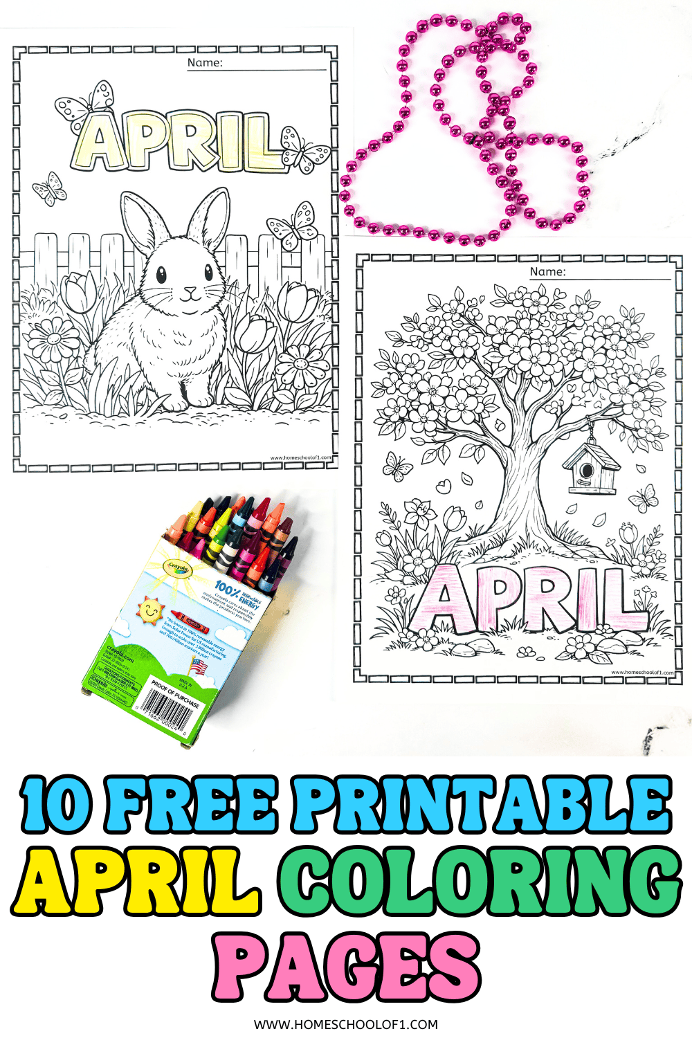 10 free printable April coloring pages for kids with spring themes including bunny, blooming tree, rain boots, Earth Day, pollinators, and detailed seasonal designs for upper elementary students.