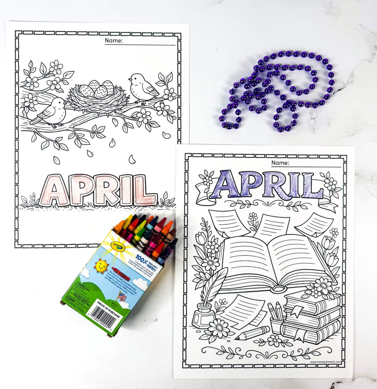 Free printable April coloring pages with bird nest, spring blossoms, and National Poetry Month book design.