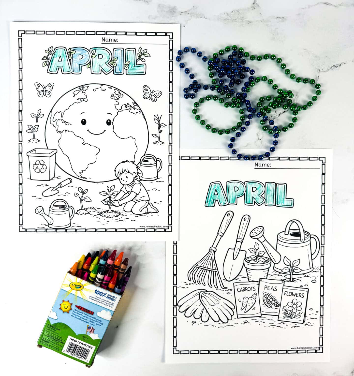 April coloring pages with Earth Day scene and spring garden tools printable for kids.