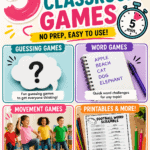 5 minute classroom games infographic showing guessing, word, movement, and printable activities for quick no prep lessons