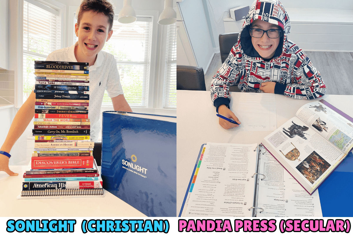Boy using Sonlight Christian homeschool curriculum alongside Pandia Press secular curriculum in a side-by-side comparison