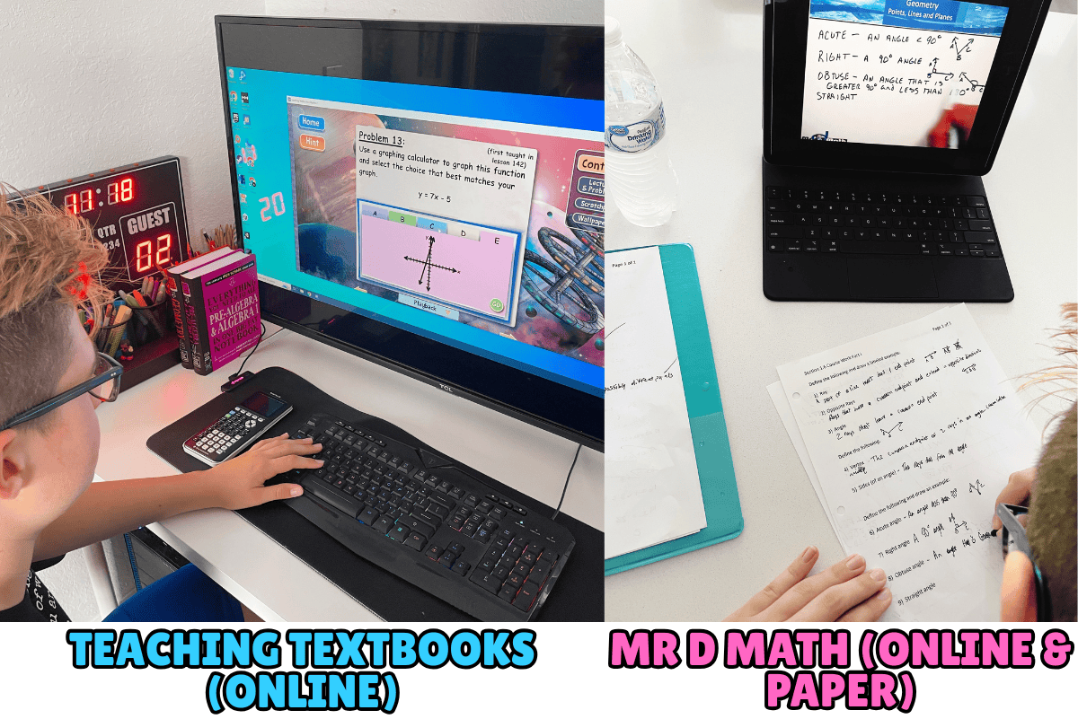 Student using online homeschool curriculum and paper-based math worksheets in a side-by-side comparison