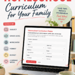 Homeschool curriculum finder tool on laptop with filters for subject, grade level, worldview, format, budget, and learning needs