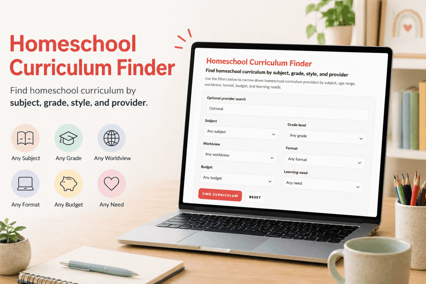 Homeschool curriculum finder tool on laptop showing filters for subject, grade, style, and provider