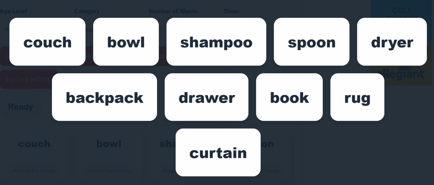focus mode word generator showing large word cards for classroom activity