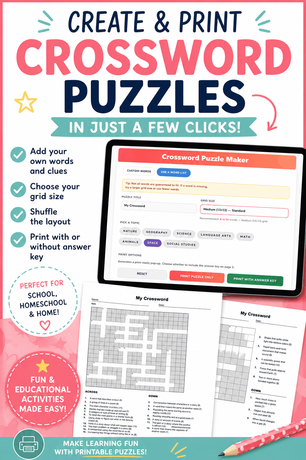 Free Crossword Generator (Printable Puzzle Maker for Kids & Classrooms)