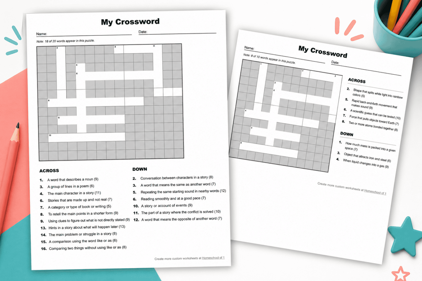 Printable crossword puzzle worksheets for kids showing two different grid sizes and clue layouts