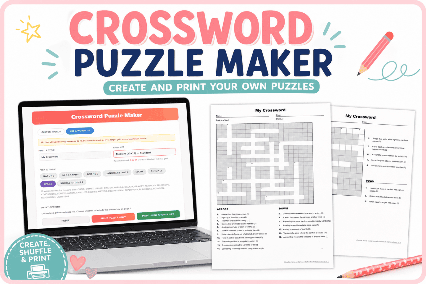 Online crossword generator with printable puzzle examples and worksheet layouts for classroom or homeschool use