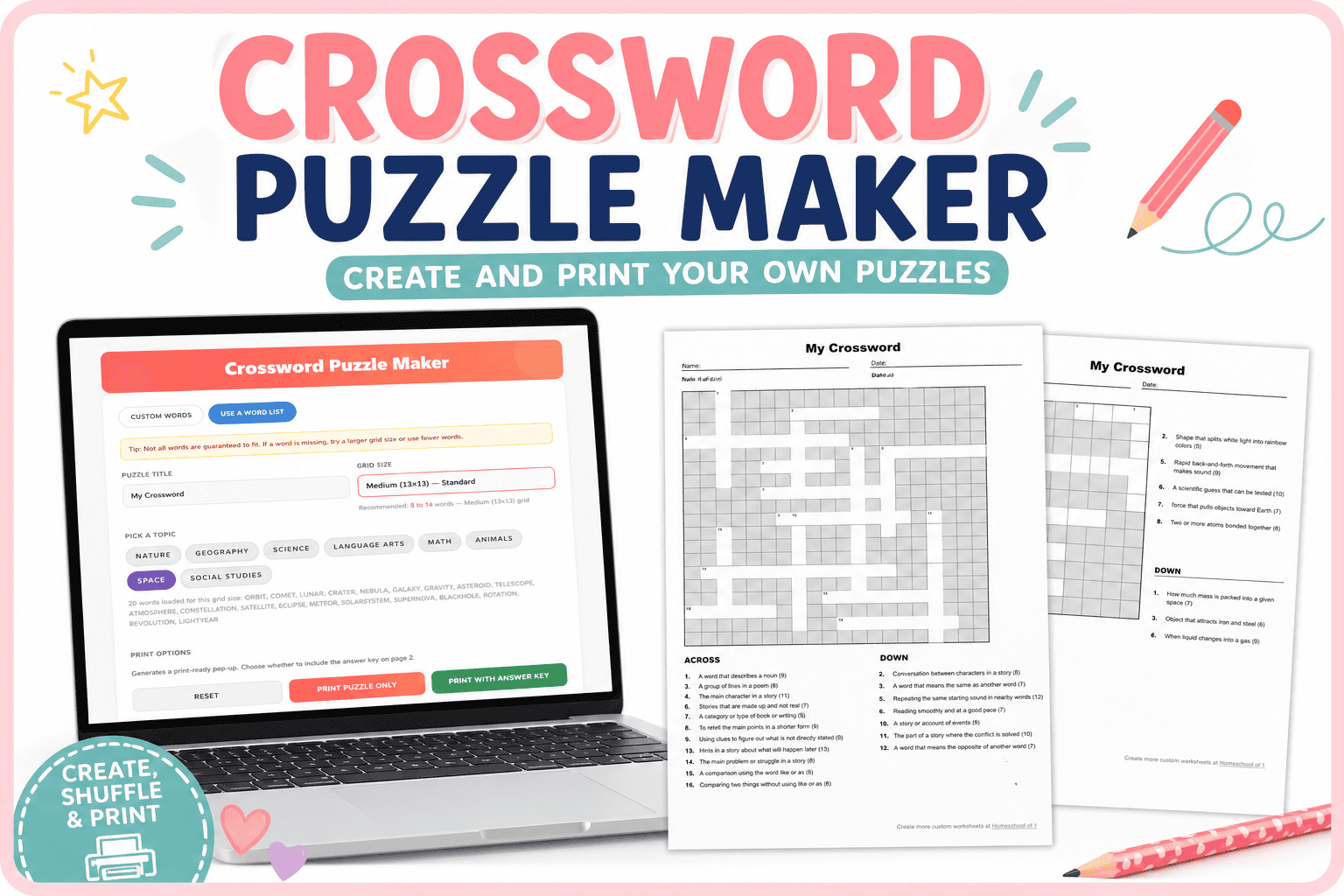 Online crossword generator with printable puzzle examples and worksheet layouts for classroom or homeschool use