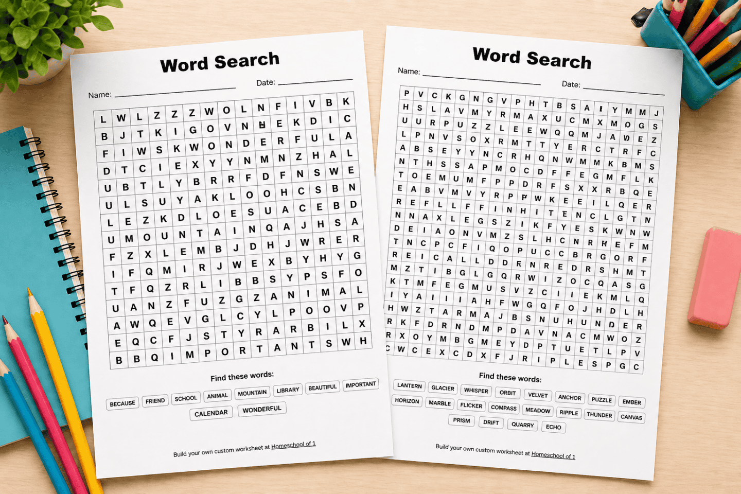 Two printable word search worksheets with headings shown on a desk with school supplies for kids activities