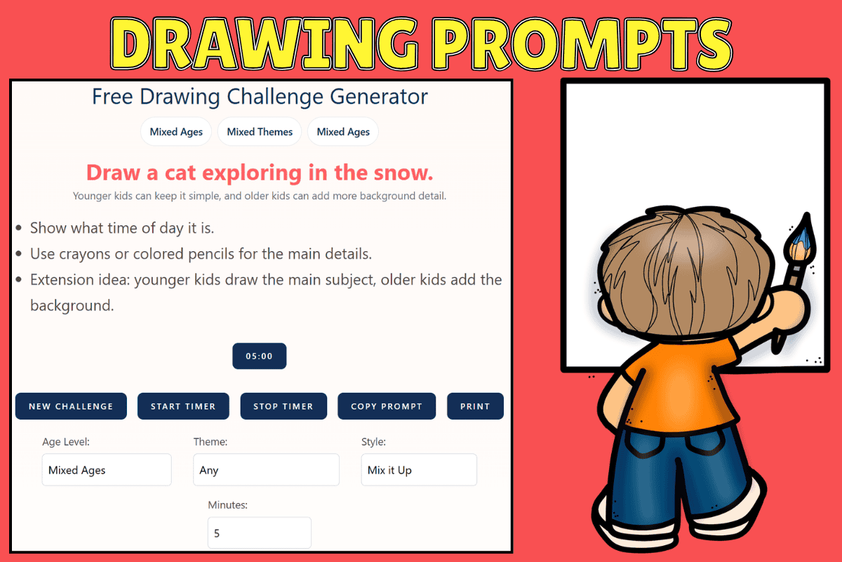 Drawing prompts generator for kids showing random art idea with simple tool interface and child drawing illustration