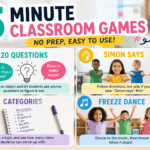 no prep classroom games visual guide with 20 questions, simon says, categories, and freeze dance activities for students