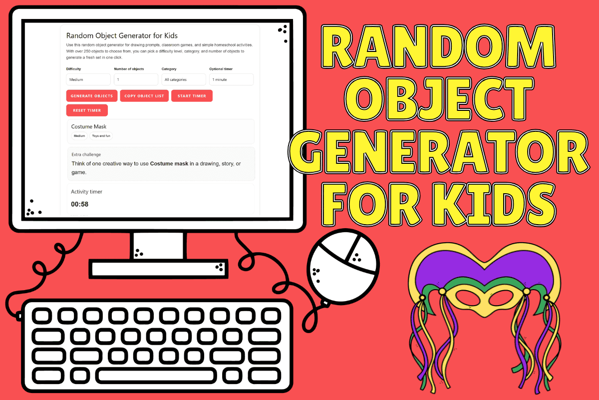 Random object generator for kids showing a creative drawing prompt with a costume mask for writing and classroom activities