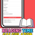 Reading time calculator for kids showing how to estimate how long a book will take to read based on pages, reading level, and daily reading time
