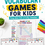 Science vocabulary games for kids featuring a moon phases word search and scattergories worksheets on a classroom desk.