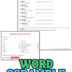 Free word scramble generator showing printable worksheet with scrambled words, clues, word bank, and answer lines alongside the worksheet creation tool