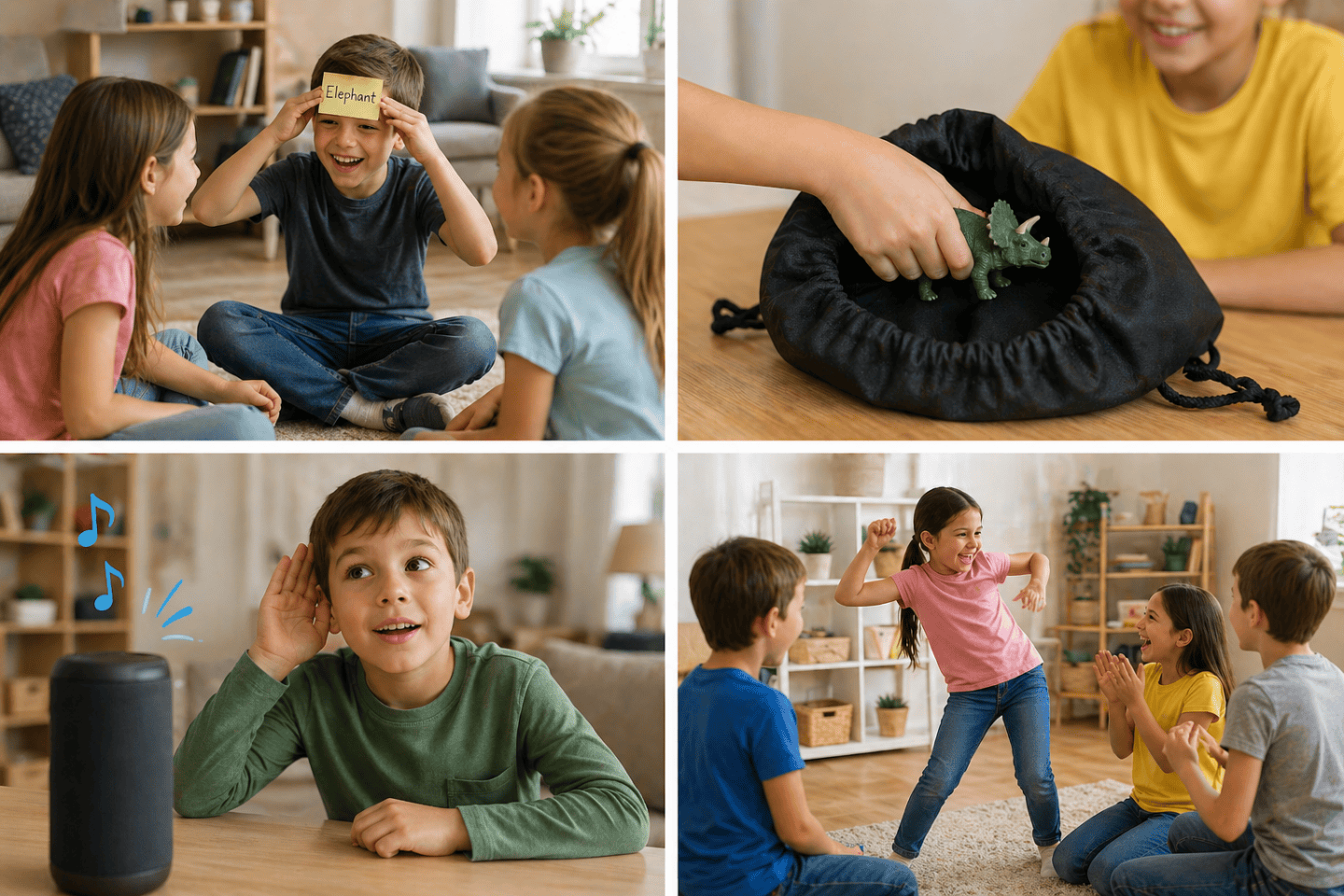 Children playing guessing games such as I Spy, mystery object game, sound guessing, and charades