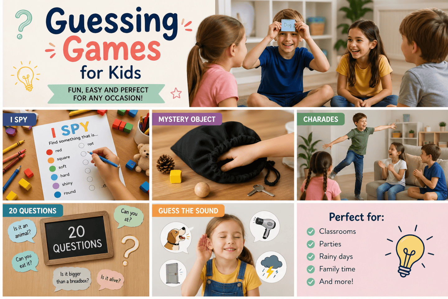 Guessing games for kids including I Spy, charades, mystery object, and 20 questions activities