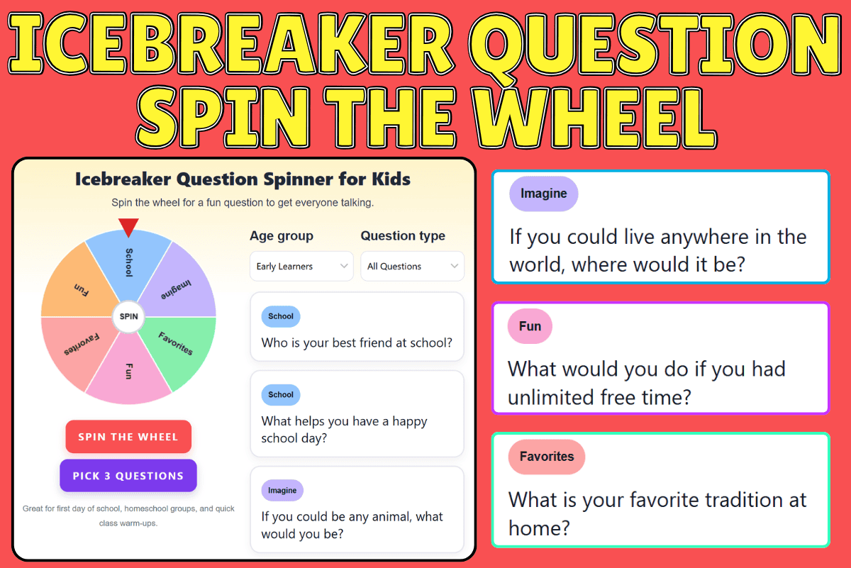 Icebreaker question spin the wheel for kids showing a colorful spinner with categories like fun, school, and favorites, plus sample getting to know you questions for classroom activities