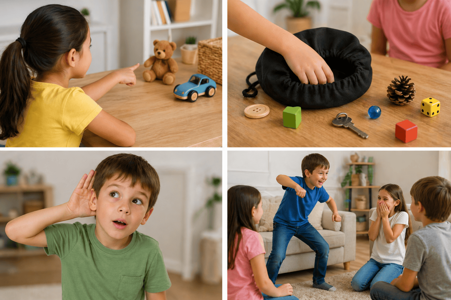 Kids playing guessing games including headband guessing, mystery bag, listening game, and charades