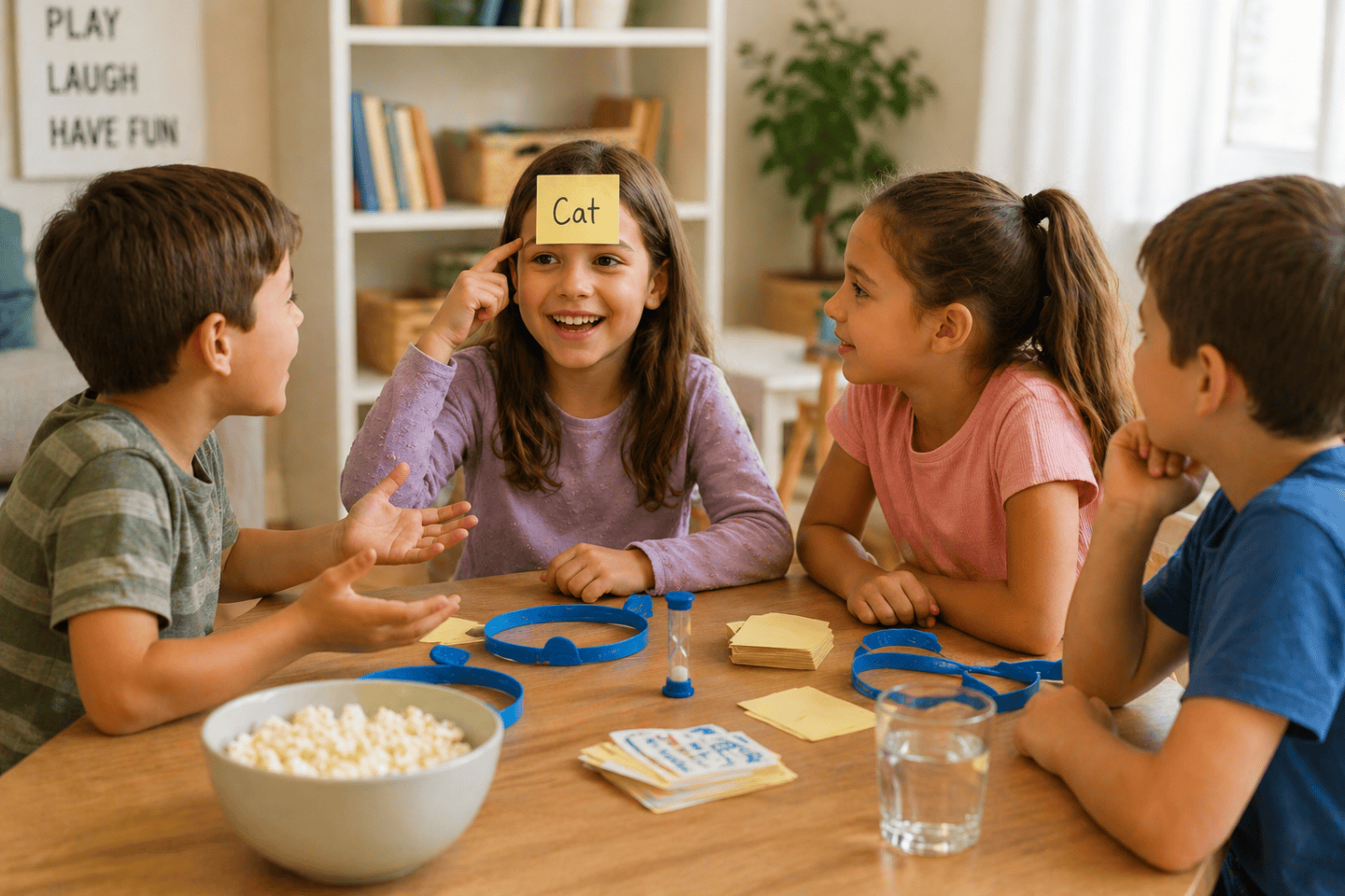 Kids playing a headband guessing game at a table, asking questions and trying to guess the word on their forehead