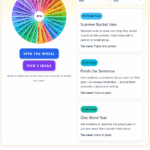 Last week of school activity wheel showing class energy and time filters, spin and pick 3 buttons, three activity idea cards, and a colorful โLast Week of School Activitiesโ graphic below.