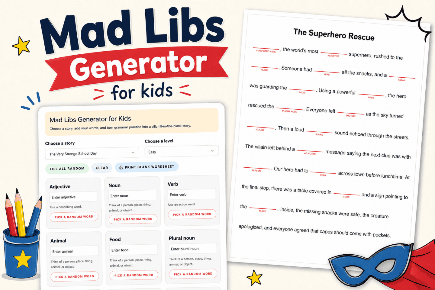 Mad Libs generator for kids with printable superhero worksheet and interactive word fill-in tool