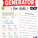 Mad Libs generator interface with fill-in-the-blank superhero story worksheet for kids