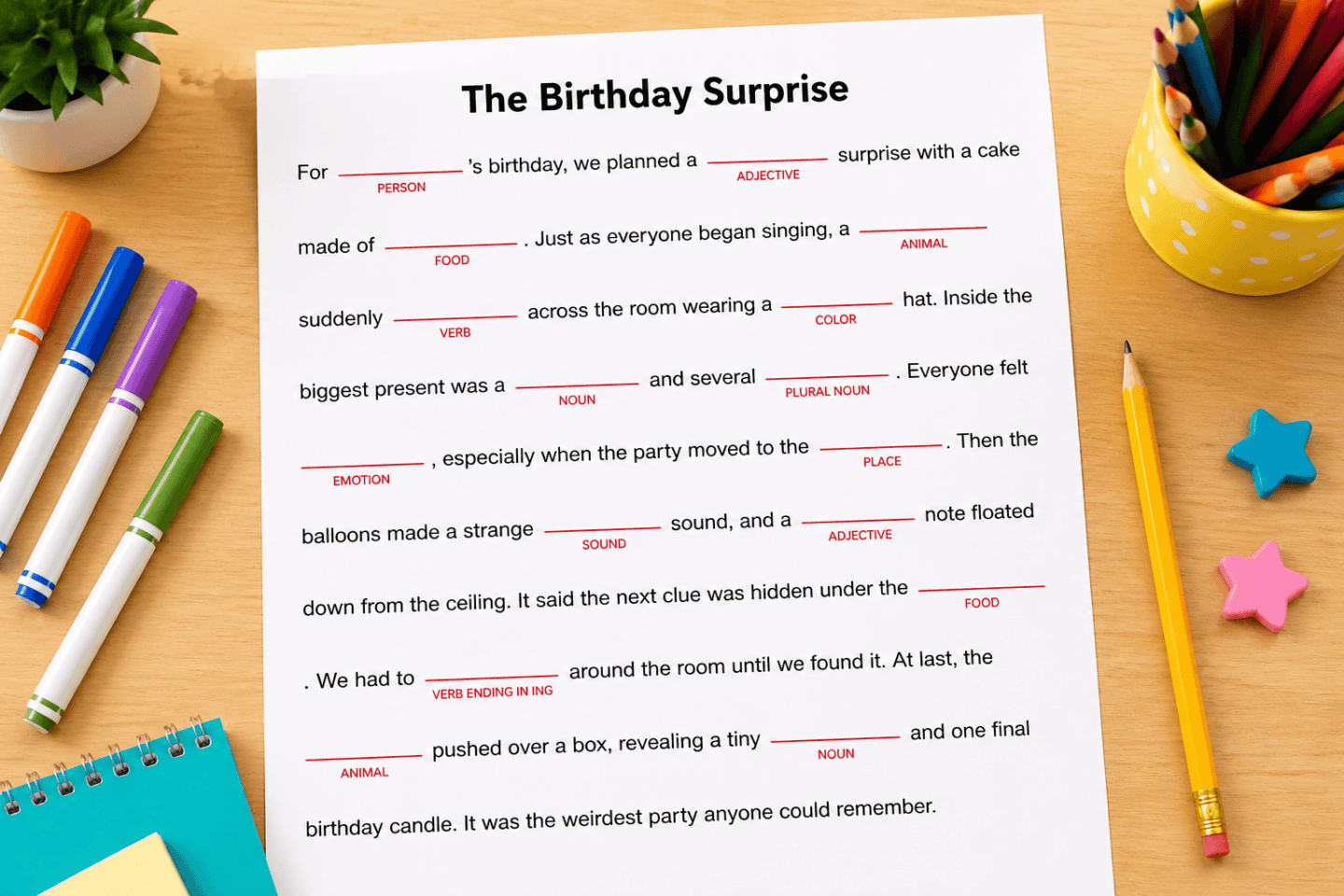 birthday themed mad libs worksheet for kids with funny fill in the blank story activity