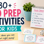 No prep activities for kids with simple game ideas like 20 questions, I Spy, and word games on a colorful desk setup