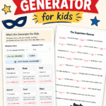 Mad Libs generator for kids showing interactive word inputs and printable superhero rescue worksheet