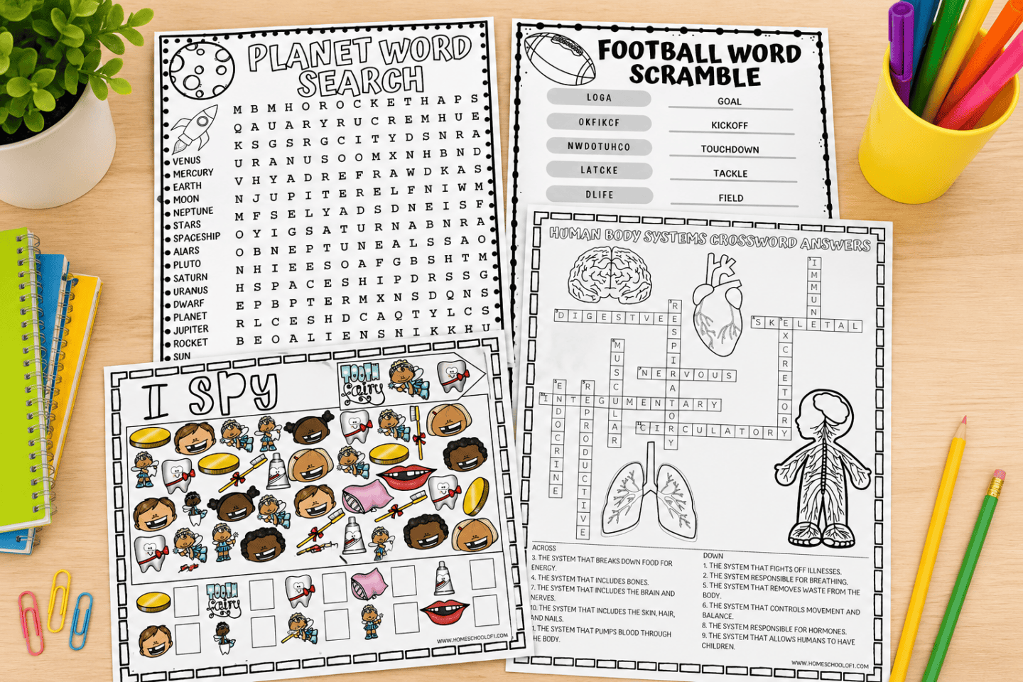 printable classroom games including word search, word scramble, I spy, and crossword worksheets for quick no prep activities