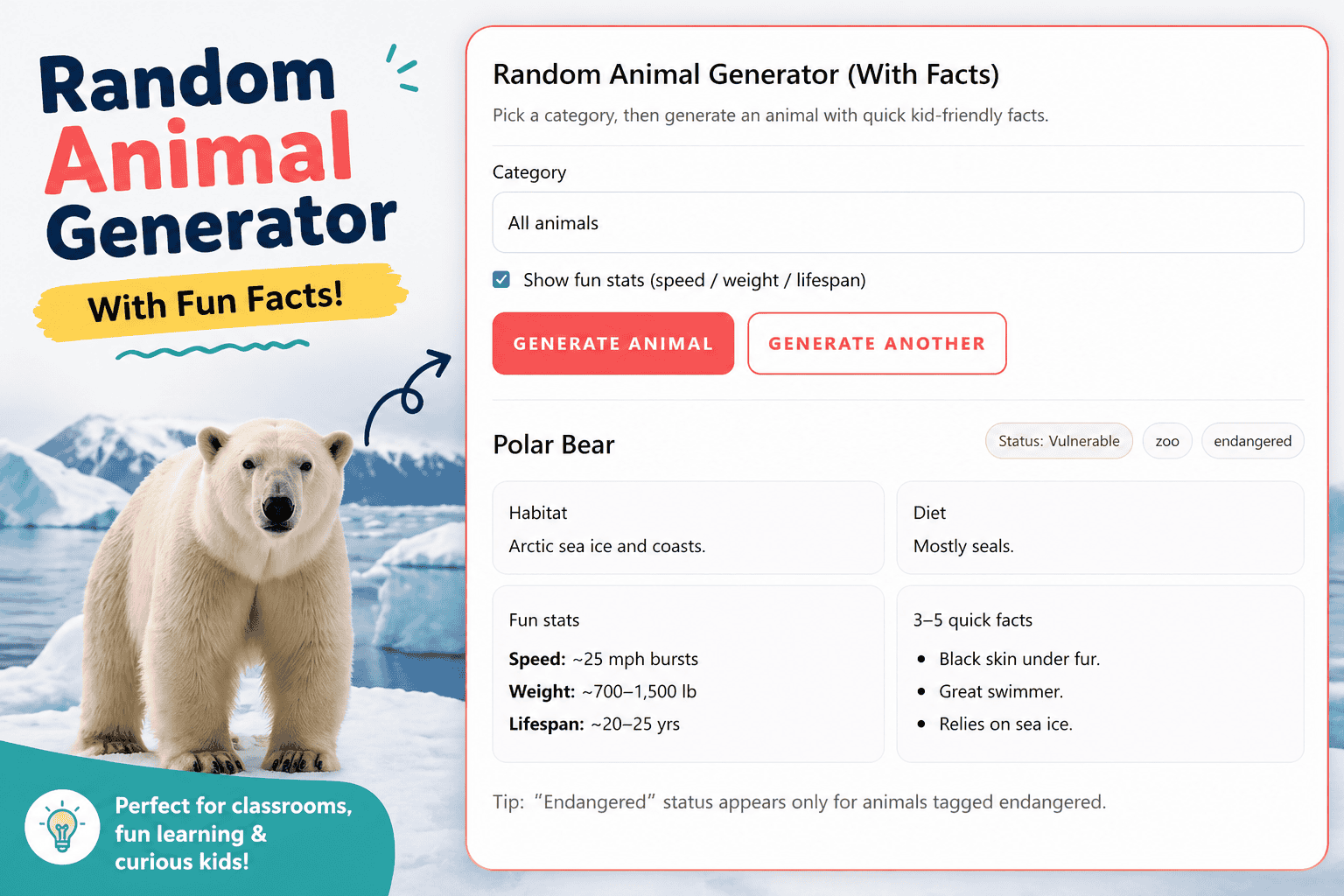 Random animal generator for kids showing polar bear facts, habitat, and fun stats