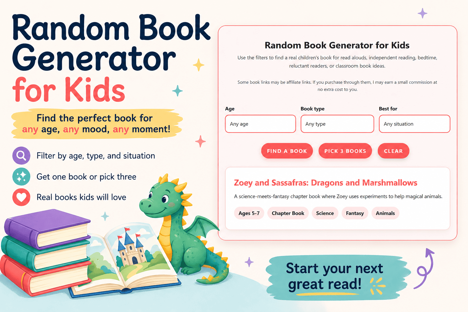 Random book generator for kids showing book suggestions with filters for age, type, and reading situation