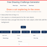 drawing challenge generator for kids showing random prompt with timer and controls
