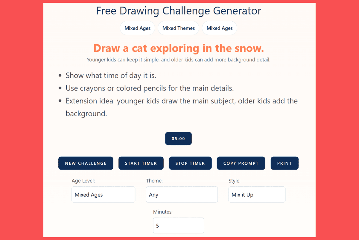 drawing challenge generator for kids showing random prompt with timer and controls