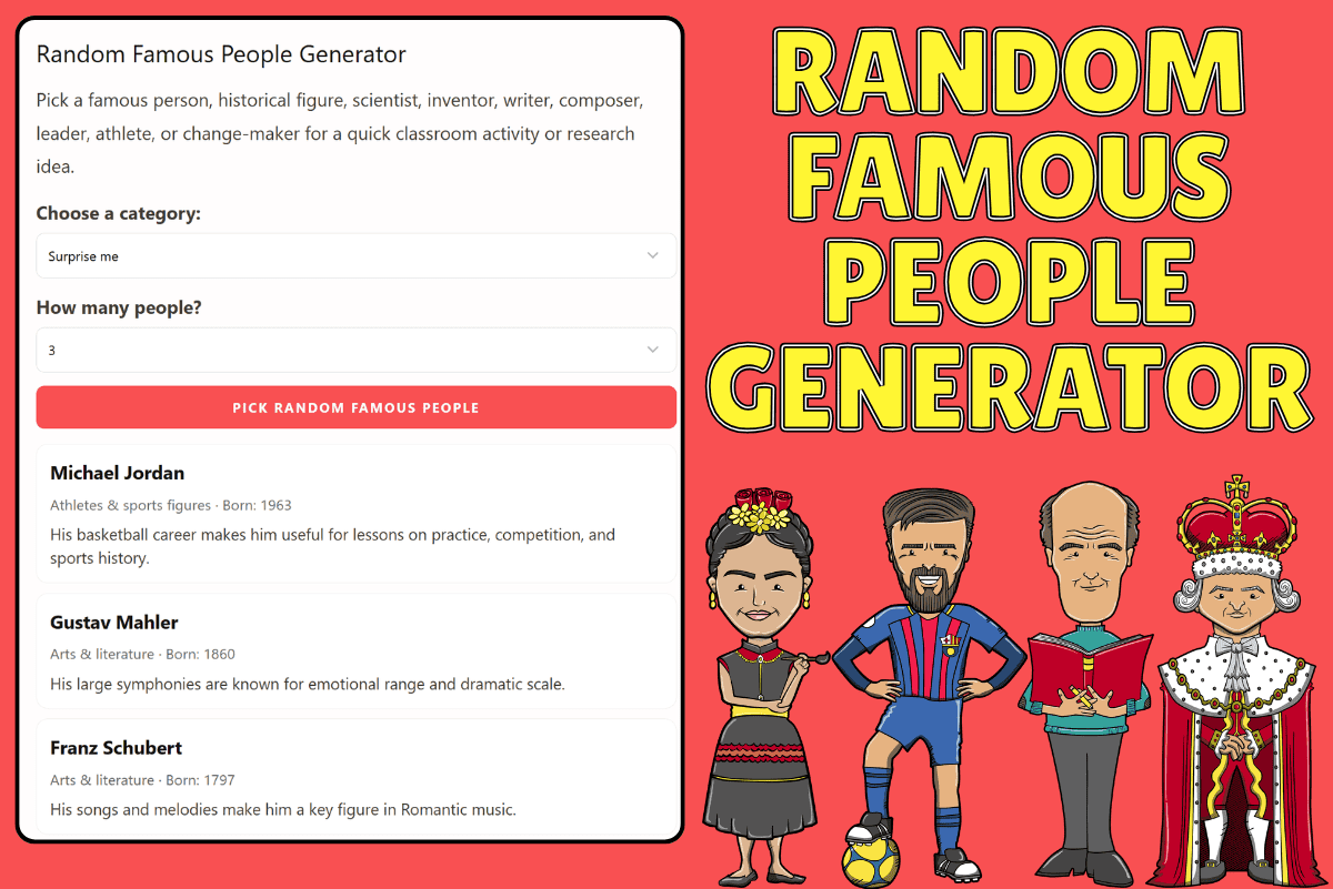 Random famous people generator with historical figures and classroom activity ideas