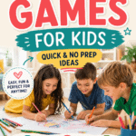 Random games for kids with quick no prep ideas shown with children drawing and playing together