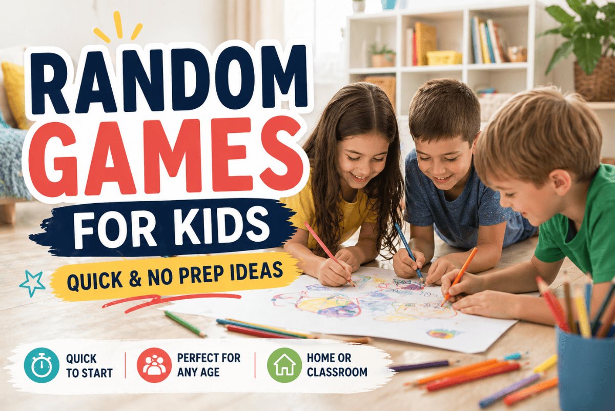 Kids drawing together at a table during a fun random games for kids activity with colored pencils