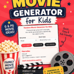 Random movie generator for kids with G and PG movie ideas, filters for age and type, and family movie night theme