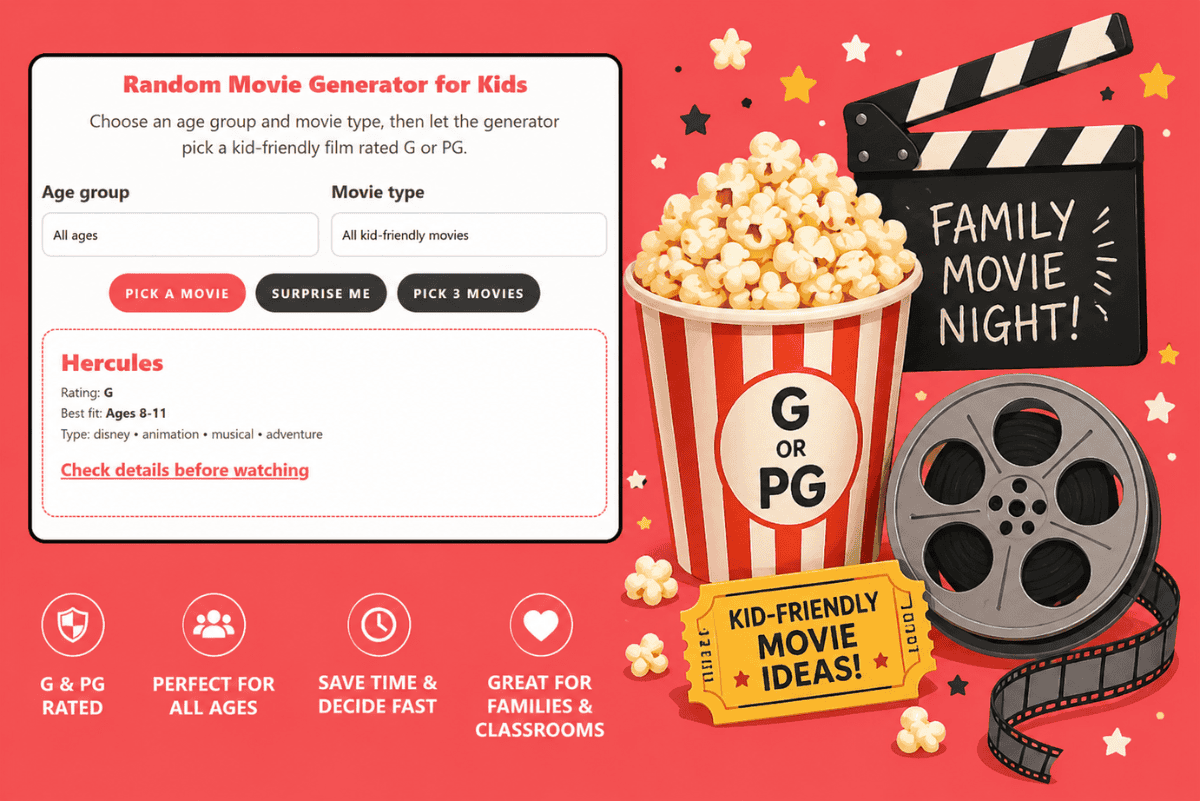 Random movie generator for kids showing filters for age group and movie type with a family-friendly movie suggestion