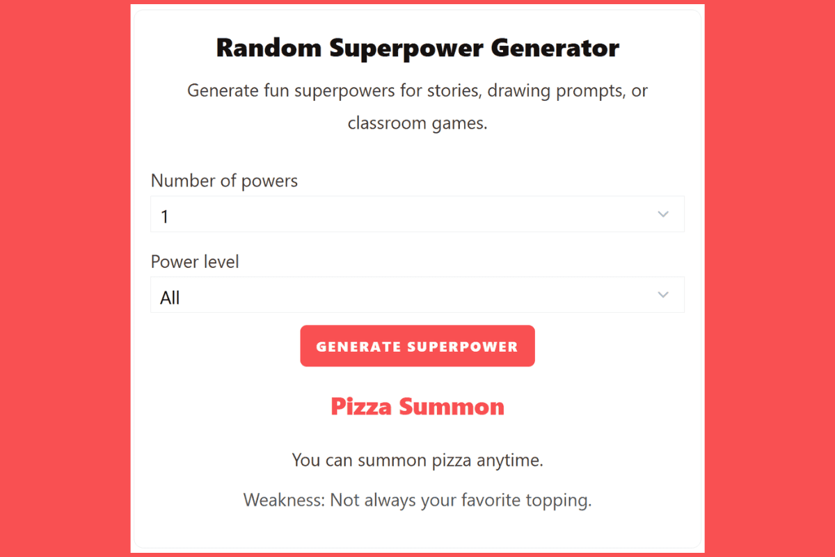 random superpower generator online tool example with generated superpower result