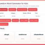 kids word generator showing age level, category selection, and generated words