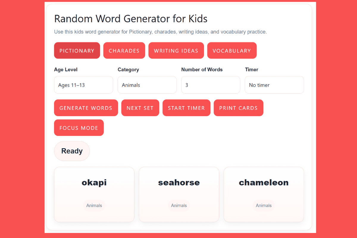 kids word generator showing age level, category selection, and generated words