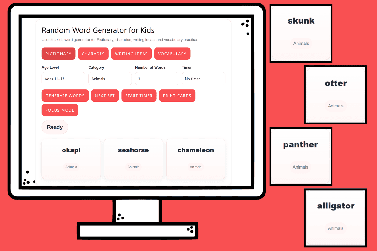 Random word generator for kids with animal word cards for games and writing prompts