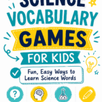 Science vocabulary games for kids infographic with bold text, icons, and classroom-friendly learning ideas.