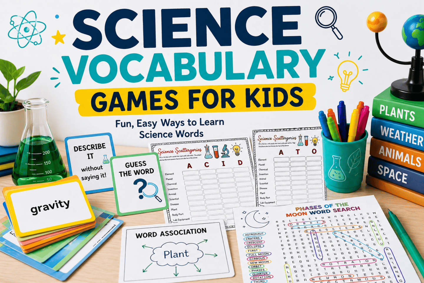science vocabulary games for kids with flashcards, scattergories and a word search on a desk with school supplies