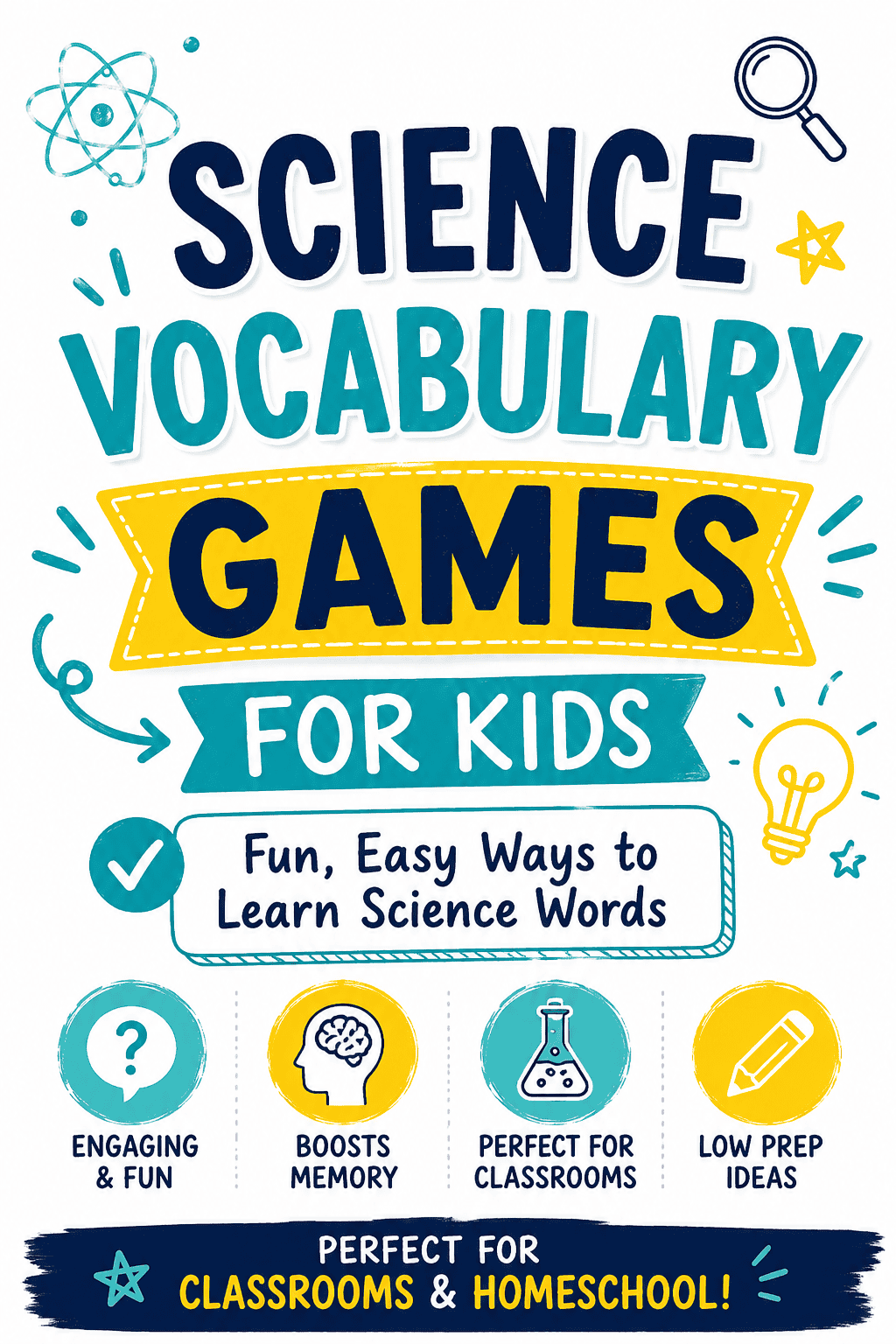 Science vocabulary games for kids infographic with bold text, icons, and classroom-friendly learning ideas.