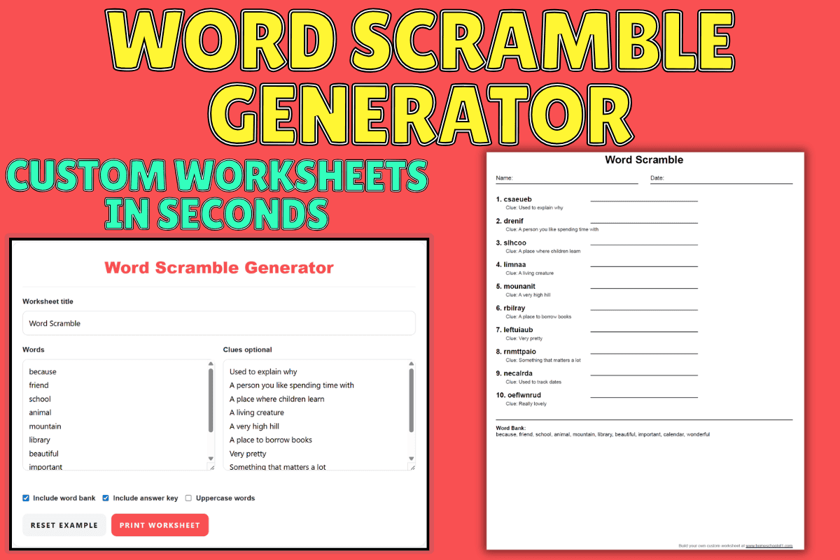 Word scramble generator tool creating custom printable worksheets with scrambled words, clues, and answer key preview
